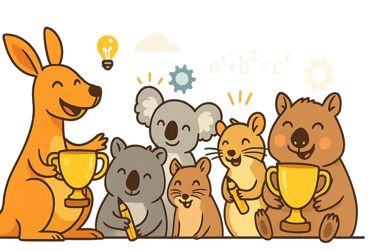 An illustration of a kangaroo, koala, wombat, and gerbil participating in a math competition